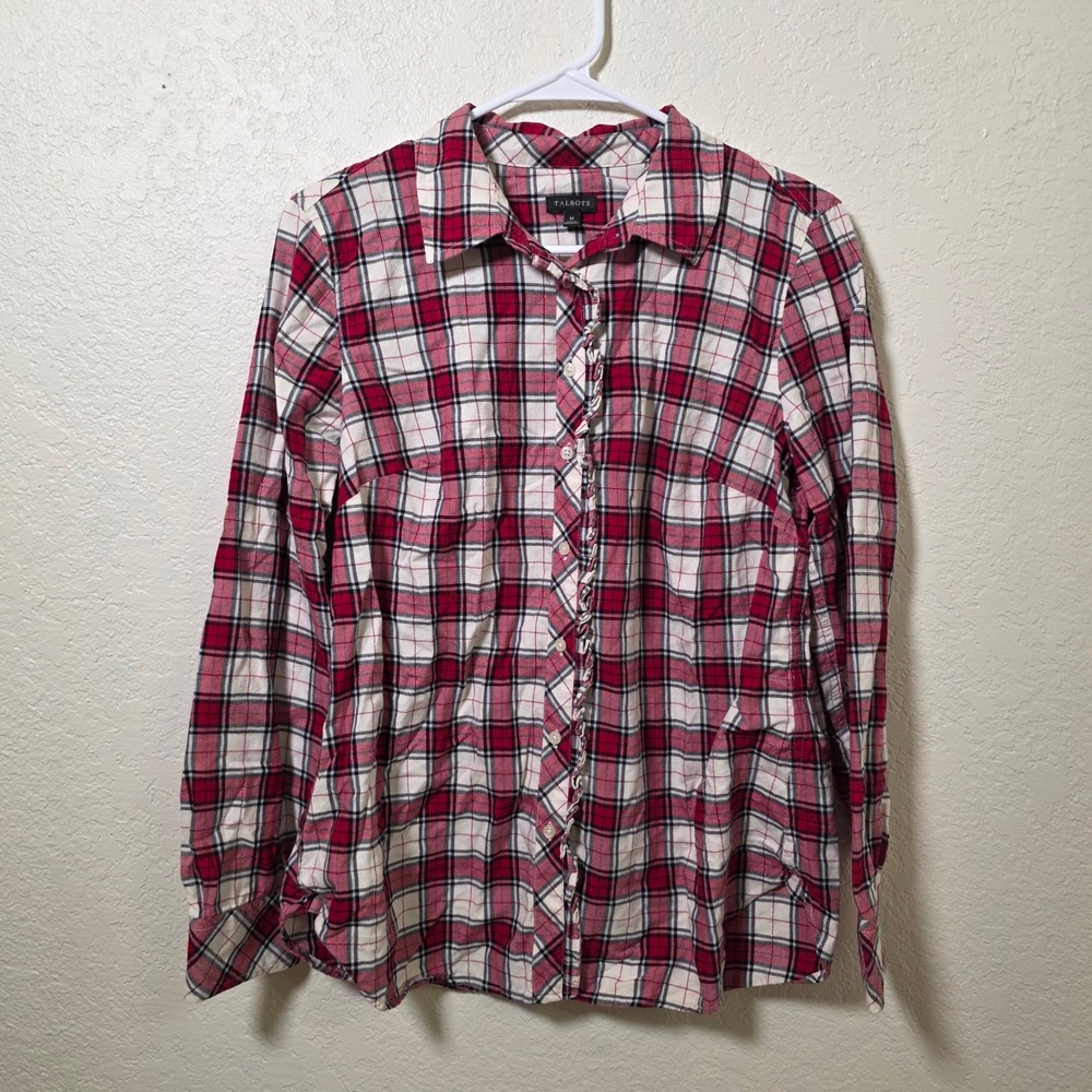 Talbots Ruffle Plaid Button Down Blouse Red White Size Medium Cotton Metallic‎